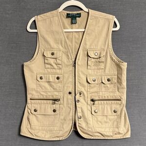 Vintage Lauren Ralph Lauren Vest S Tan Khaki Safari Utility Fishing Travel Zip
